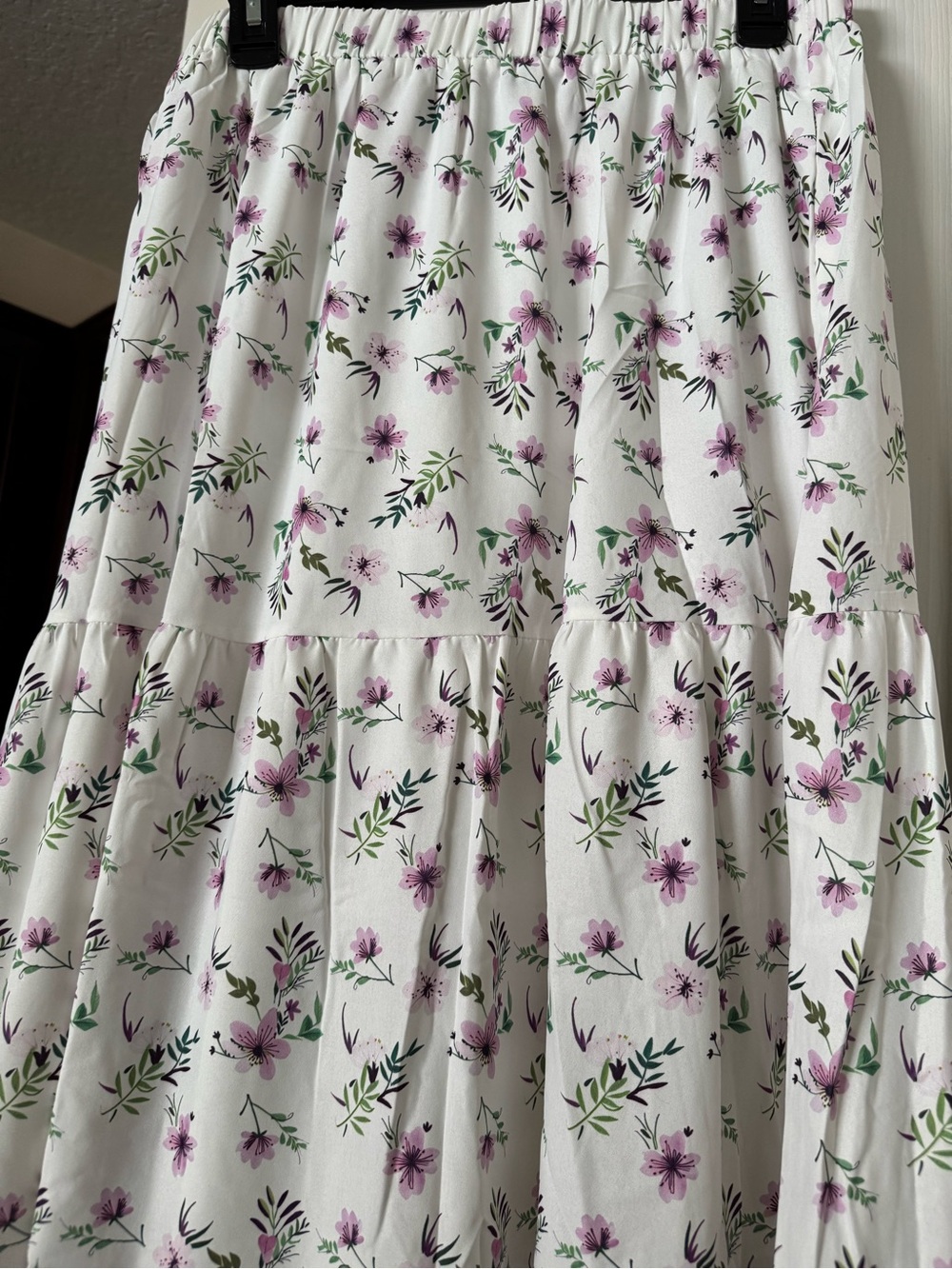 White Floral Tiered Skirt with Purple Flowers Bohemian Cottage Core